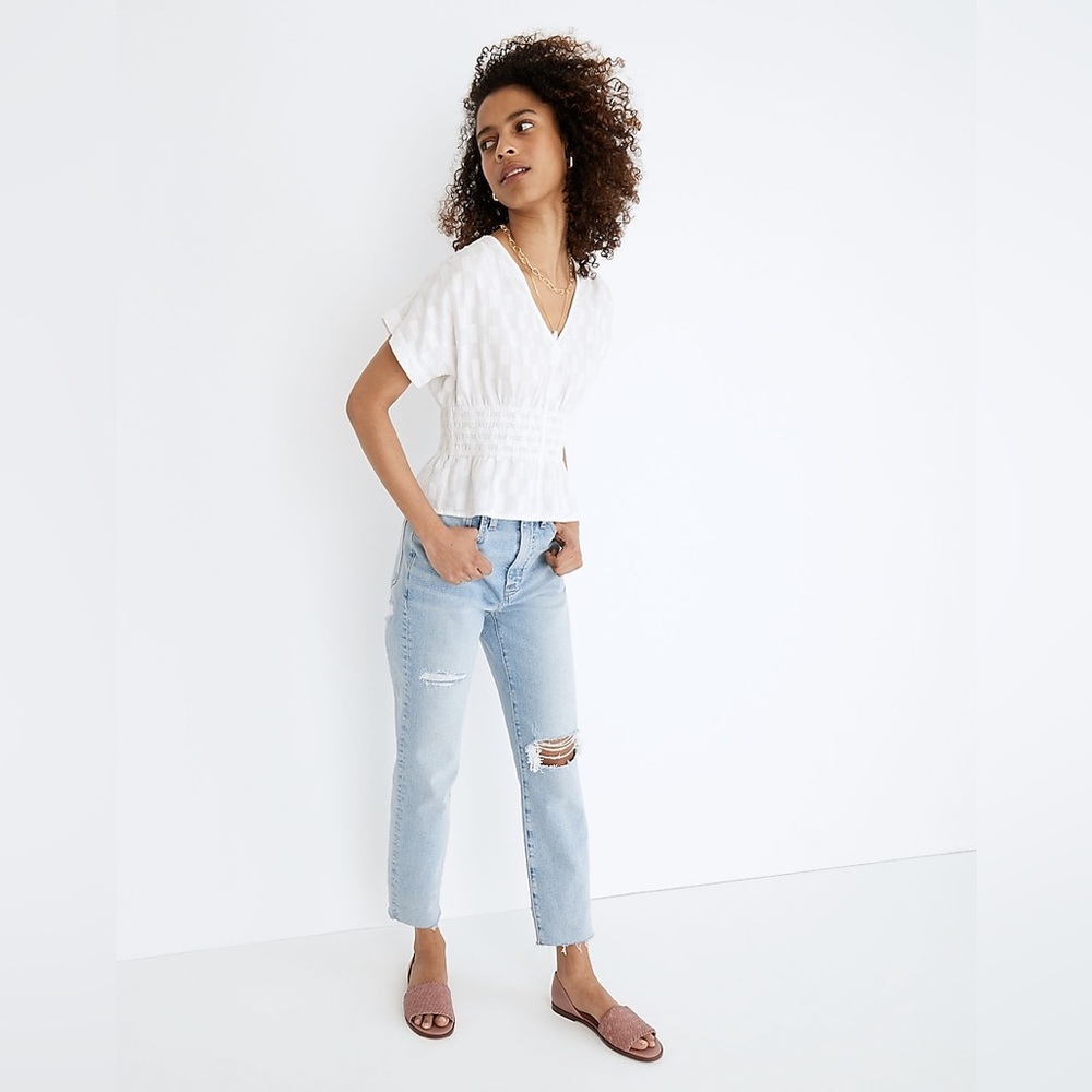 Madewell Eyelet White V-Neck Smocked-Waist Top in Square Jacquard NWT